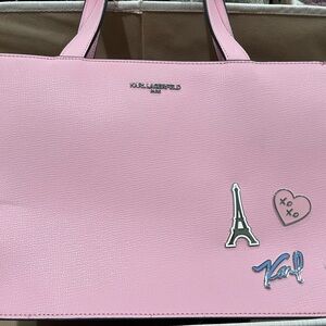 Karl Lagerfeld Pink Tote with Eiffel Tower and Heart Accents